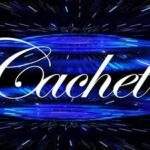 A blue and black background with the word cachet