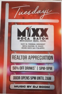 A poster advertising the mixx restaurant in boca raton.