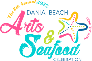 A colorful logo for the dana beach arts and seafood celebration.