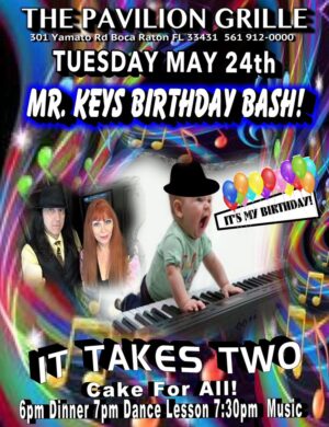 A poster for a birthday party with a baby playing the keyboard.