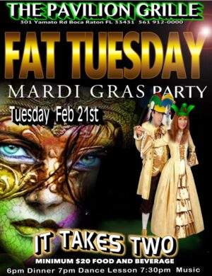 A fat tuesday mardi gras party poster with two women in costumes.