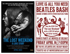 Two posters of the beatles and a movie.