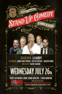 A poster of the comedy show featuring comedians.