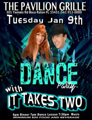 A poster for a dance party with it takes two.