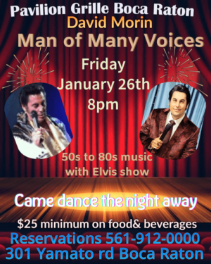 A poster for elvis night with the man of many voices.