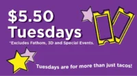 A purple banner with stars and the words " 1 5 0 tuesdays ".